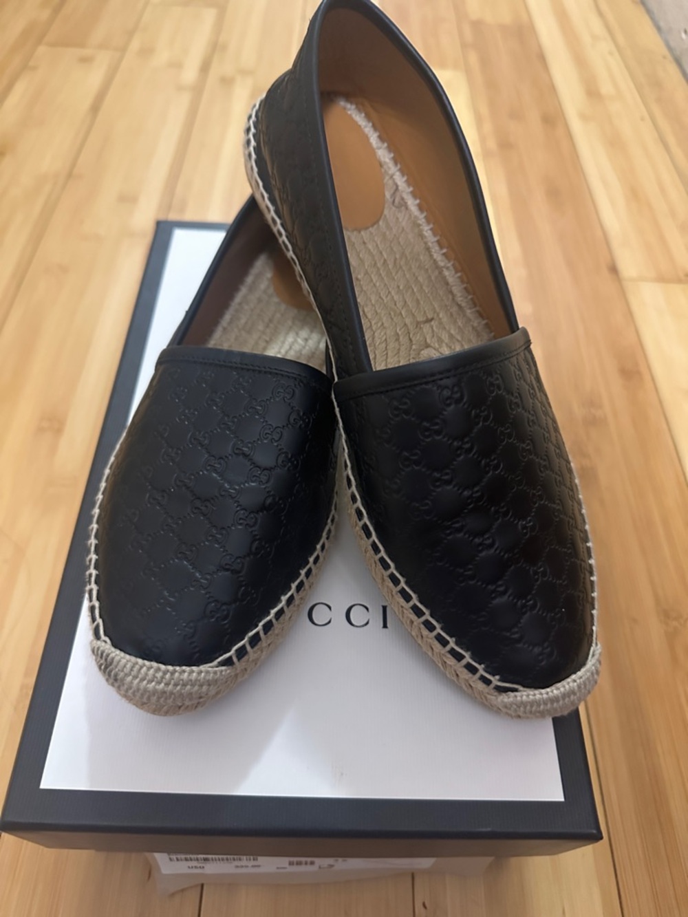Gucci Black Embossed Leather Espadrille Flats